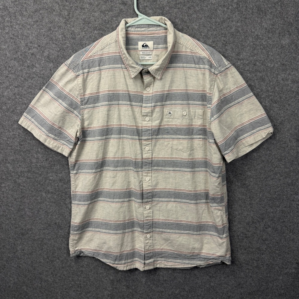 Quiksilver Mens‎ Short Sleeve Button Down Shirt Striped Regular Fit Grey Red L